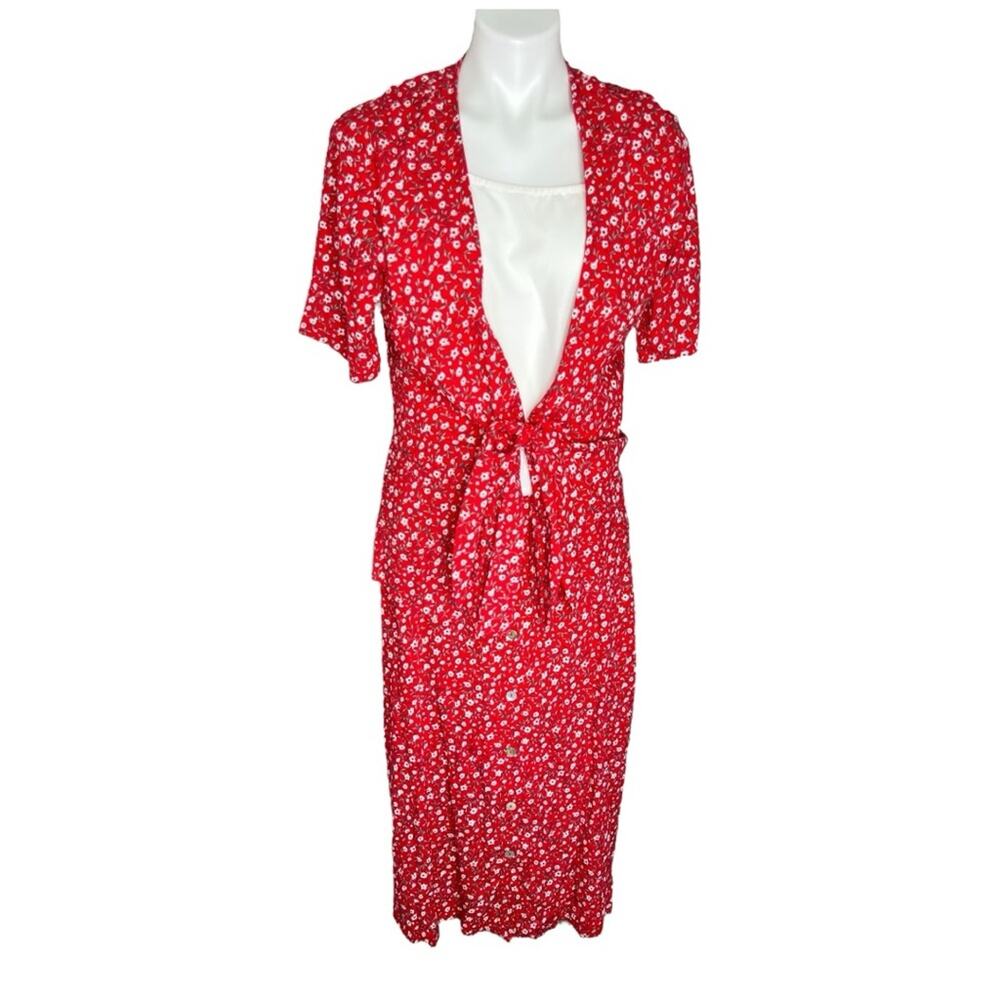 Vintage 90s 2 piece set skirt tie front blouse red floral size Medium